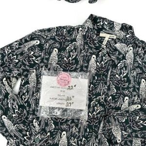 Acote Green Parrot Bird Silky Long Sleeve Tropical Button Front Small Blouse